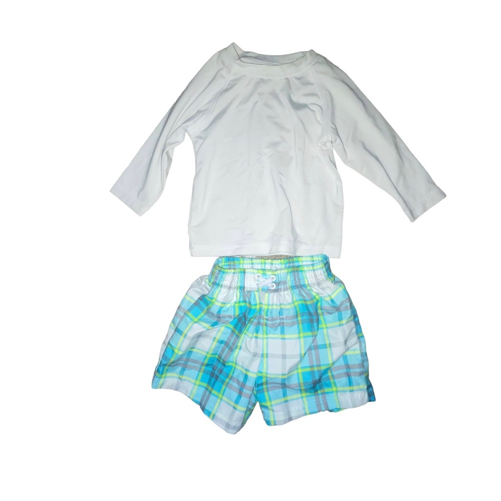 OP Baby Boys Size 0-3M rash guard top & swim trucks set green plaid